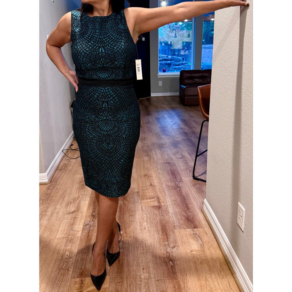 Badgley Mischka Collection Teal Black Jacquard Sheath Dress Size 4 NWT